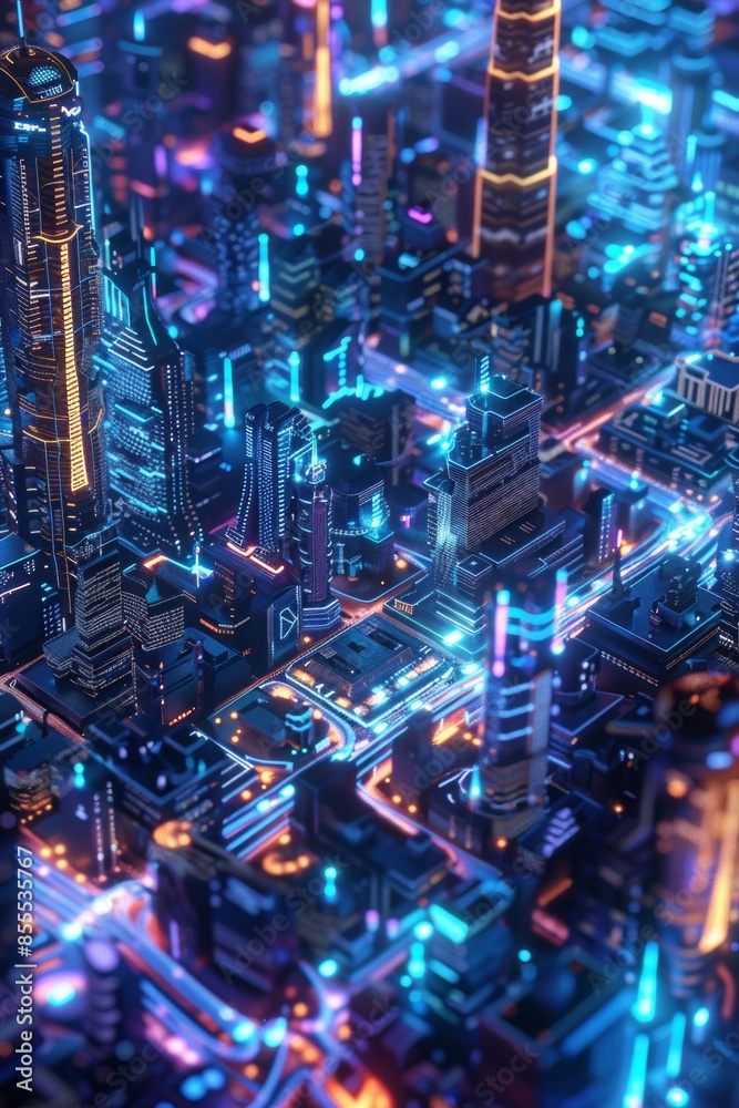 Obraz premium A hologram aerial view of a futuristic city illuminated with vibrant neon lights, showcasing advanced architecture and technology in a mesmerizing and high-tech urban landscape