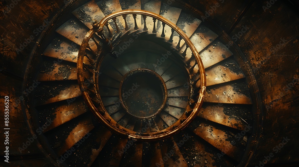 An abstract view of spiral staircases from above, showcasing a vintage architectural style. The staircases feature ornate railings and aged wooden steps, evoking the charm of classic design An abstract view of spiral staircases from above, showcasing a vintage architectural style. The staircases feature ornate railings and aged wooden steps, evoking the charm of classic design