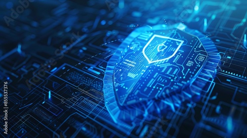 Blue sheild logo on a hi tech cyber security technological interface , intricate confusing privacy lines , AI secure privacy lock