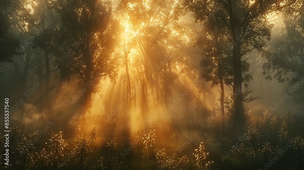 An artistic depiction of light beams forming crosses in a misty forest at dawn. The ethereal light rays cut through the dense fog and trees, creating a mystical and serene atmosphere. An artistic depiction of light beams forming crosses in a misty forest at dawn. The ethereal light rays cut through the dense fog and trees, creating a mystical and serene atmosphere.