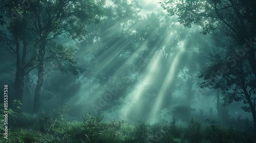 An artistic depiction of light beams forming crosses in a misty forest at dawn. The ethereal light rays cut through the dense fog and trees, creating a mystical and serene atmosphere.