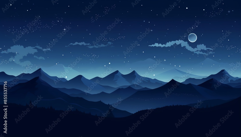 Scenic night landscape with mountain silhouettes under a starry sky illuminated by the moon, perfect for peaceful and serene nature themes. Scenic night landscape with mountain silhouettes under a starry sky illuminated by the moon, perfect for peaceful and serene nature themes.