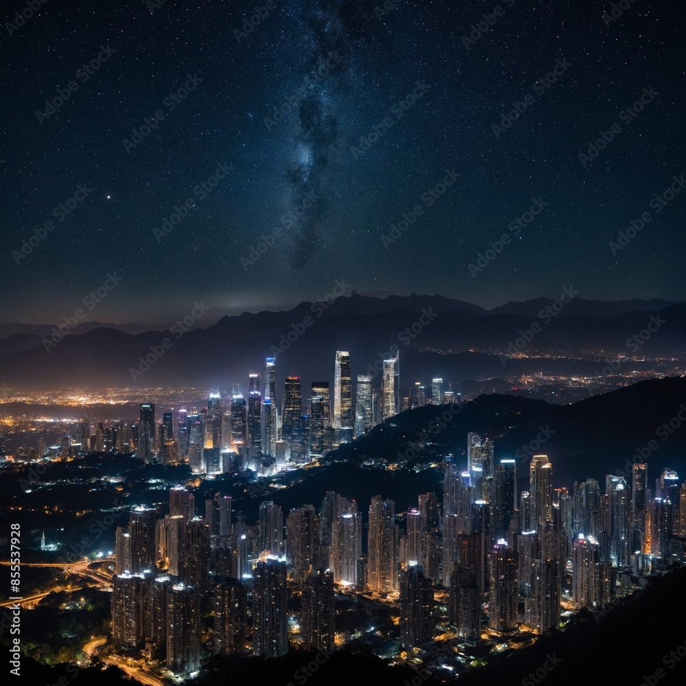 Obraz premium Skyline Sanctuary: Paint a city skyline at night, where illuminated skyscrapers create a dazzling contrast against a starry sky, with nearby hills or forests adding a touch of natural mystique.