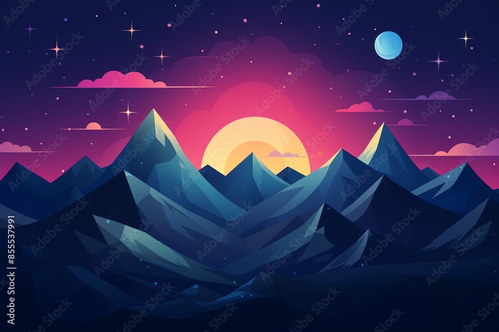 Obraz premium Surreal night landscape with mountains, a vibrant sunset, and a moonlit sky full of stars, creating a dreamy, otherworldly scene.
