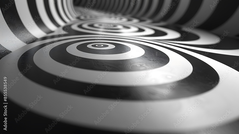 Black and white optical illusion spirals, creating a sense of depth and movement. The intricate patterns and sharp contrasts between black and white enhance the visual effect