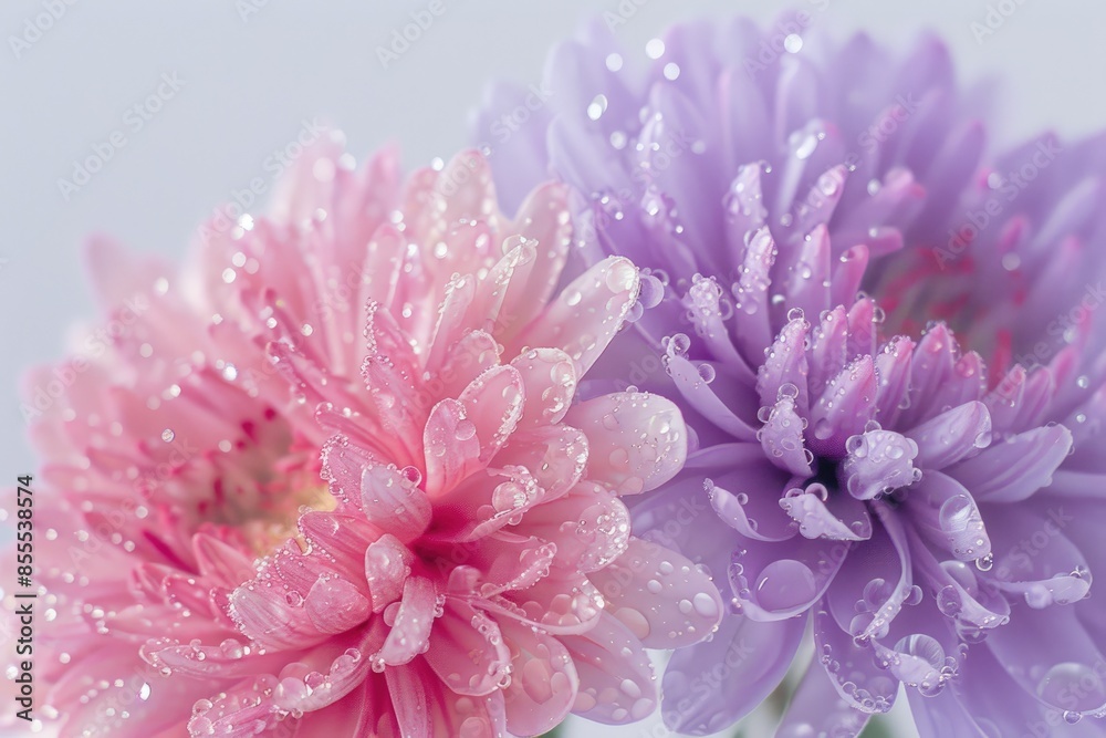 Close-up of dew-covered purple and pink flowers Close-up of dew-covered purple and pink flowers