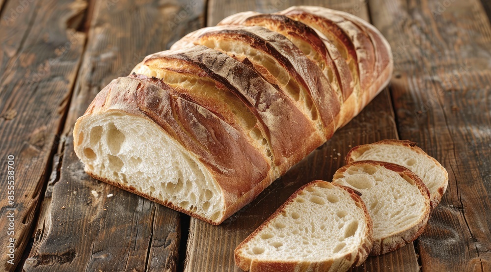 Artisan bread freshly sliced on a rustic wooden table, showcasing the texture and crust Artisan bread freshly sliced on a rustic wooden table, showcasing the texture and crust