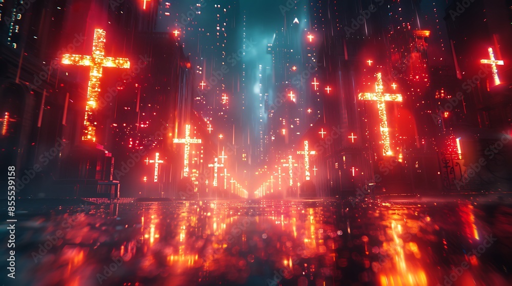 Crosses as part of a digital glitch art composition, creating a tech-inspired disruptive look. The design features distorted lines, vibrant colors, and glitch effects Crosses as part of a digital glitch art composition, creating a tech-inspired disruptive look. The design features distorted lines, vibrant colors, and glitch effects