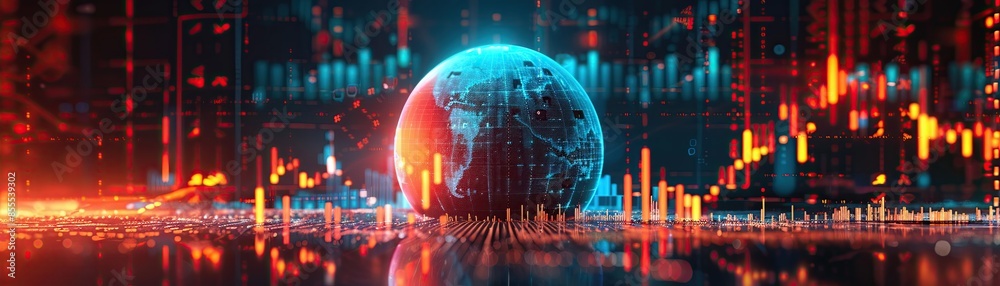 Globe surrounded by 3D financial indicators and growth charts symbolizing global business and asset investment Globe surrounded by 3D financial indicators and growth charts symbolizing global business and asset investment