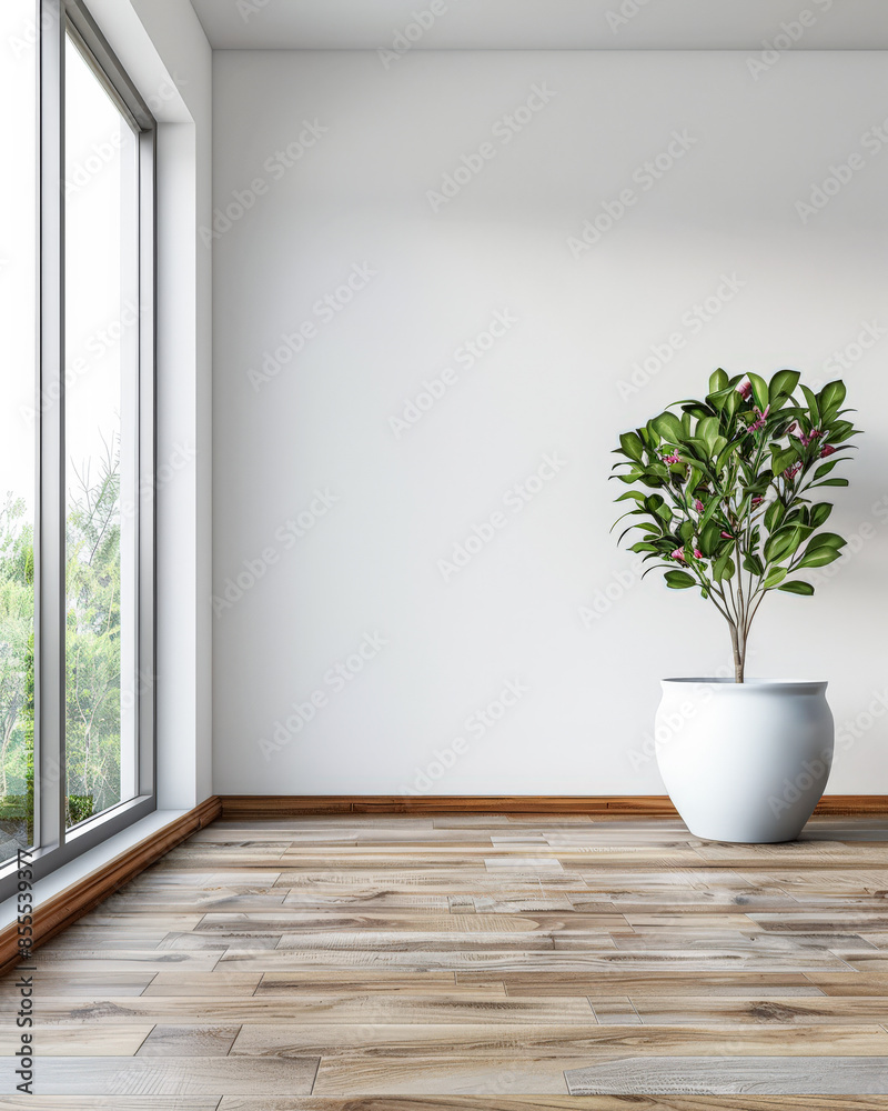 Relaxing zen interiors in neutral tones with a window filling the room with natural lighting and minimal furniture. Residential Real Estate interior design composition.