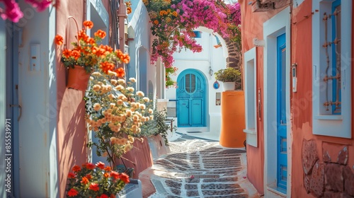 Fototapeta Naklejka Na Ścianę i Meble -  Scenic View of Traditional Cycladic Houses with Flowered Pathway in Oia Village, Santorini, Greece