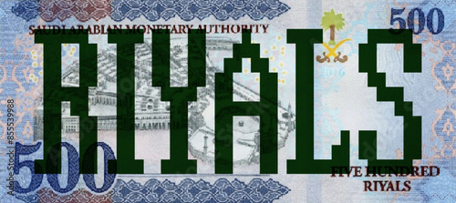 Vector high polygonal pixel mosaic banknote of Saudi Arabia. Denominations of bill 500 riyals. Reverse of game money. Part 2