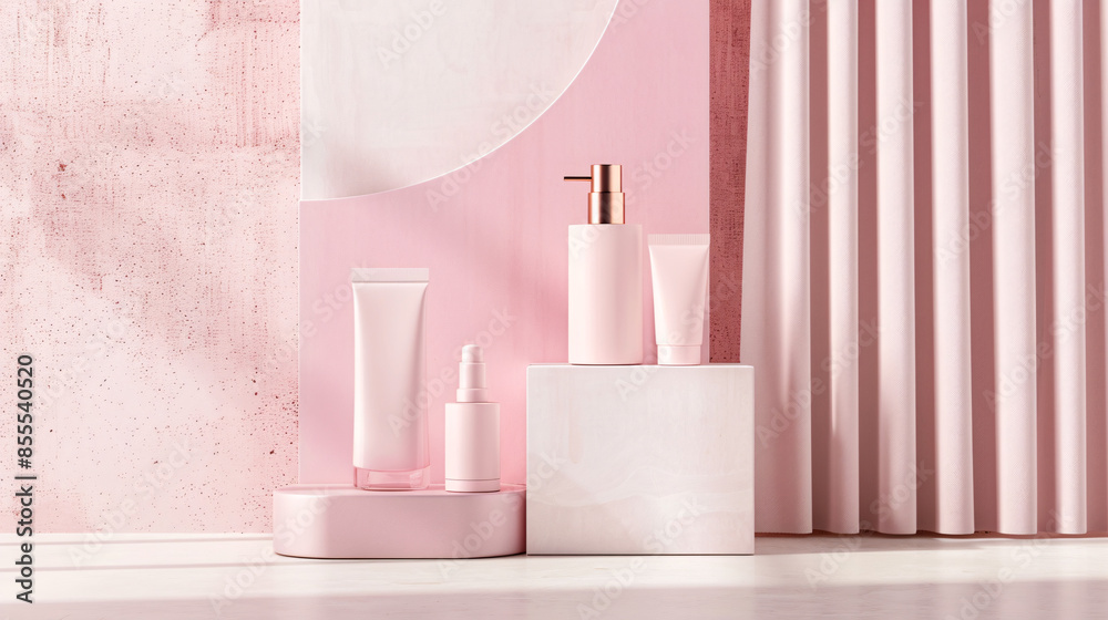 A pastel-themed cosmetic product mockup on a minimalist stage, featuring skincare and beauty items, highly detailed photograph, ultra-sharp and clear A pastel-themed cosmetic product mockup on a minimalist stage, featuring skincare and beauty items, highly detailed photograph, ultra-sharp and clear