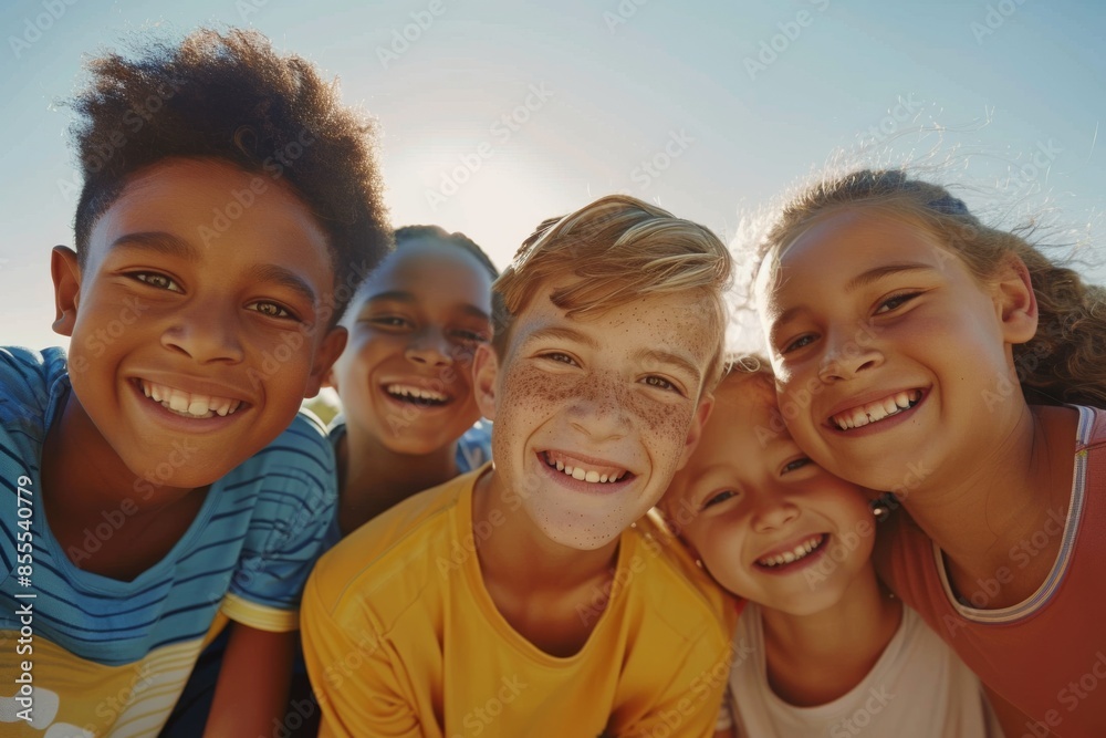 Portrait of a group of smiling children against the blue sky. Portrait of a group of smiling children against the blue sky.