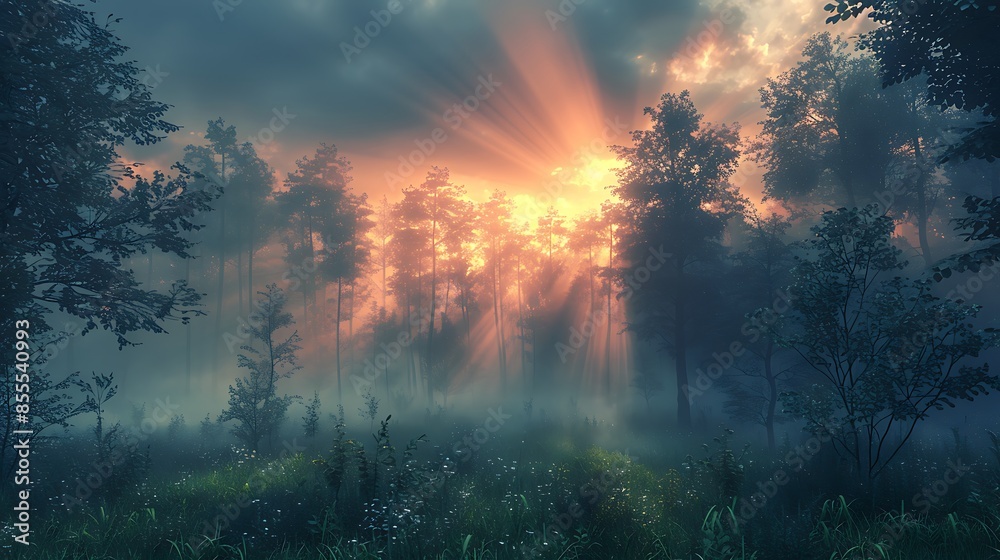Fototapeta premium Light beams forming crosses in a misty forest at dawn. The scene features ethereal rays of light piercing through the dense fog and trees, creating a serene and mystical atmosphere.
