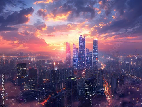 Illuminated Cityscape with Skyscrapers at Dramatic Sunset or Sunrise