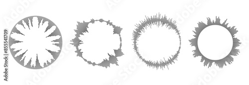Radial sound wave pattern set. Circular audio, music or voice icon collection. Round wavy equalizer spectrum symbol pack. Circle sun burst bundle. Vector black soundwave elements