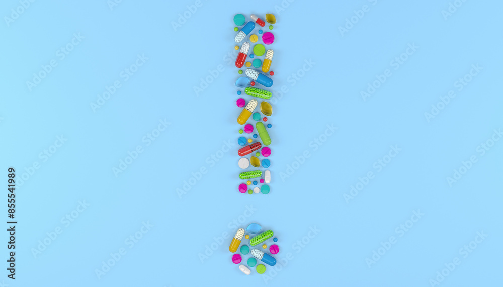 3d render of many colorful medicines and pills in the shape of a exclamation mark. 3d render of many colorful medicines and pills in the shape of a exclamation mark.
