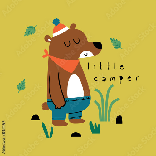 textile print design for baby kids fashion as vector with cute camper bear drawing
