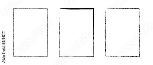 Grunge rectangle frame set. Dotted, stippled and paint brushed black border collection. Chalk or halftone rectangular design elements for banner, poster, flyer, brochure, cover. Vector A4 carde