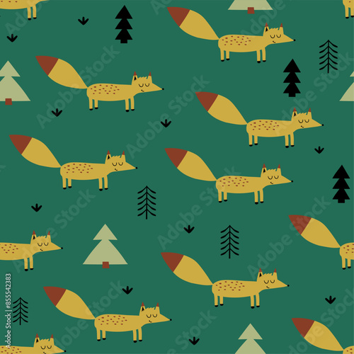 pattern design for kids fashion with cute fox drawing as vector