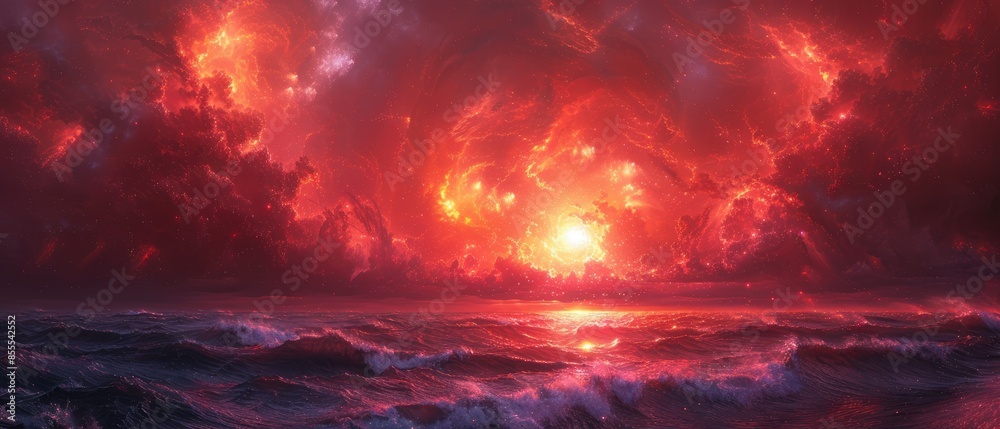 Fototapeta premium witness the raw power of nature as the sun sets painting the sky with fiery reds above a churning ocean capturing a moment of apocalyptic beauty where sea and sky become one