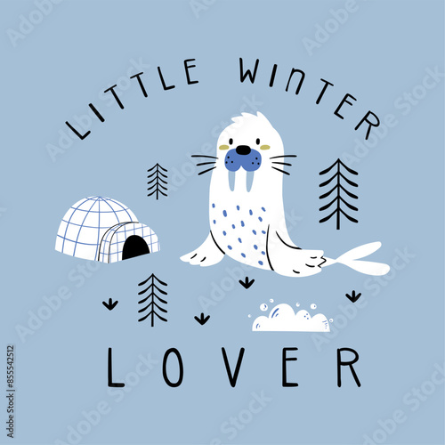 print design with cute sea lion drawing as vector
