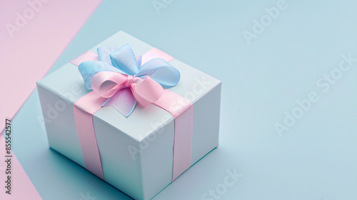 A pastel-themed gift box wrapped with a ribbon, placed on a minimal background, highly detailed photograph, ultra-sharp and clear