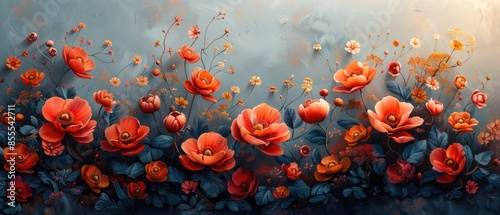digital canvas of blooming red and orange flowers set against a cool-toned textured backdrop highlighting the warm vibrancy of the blossoms © muhamad