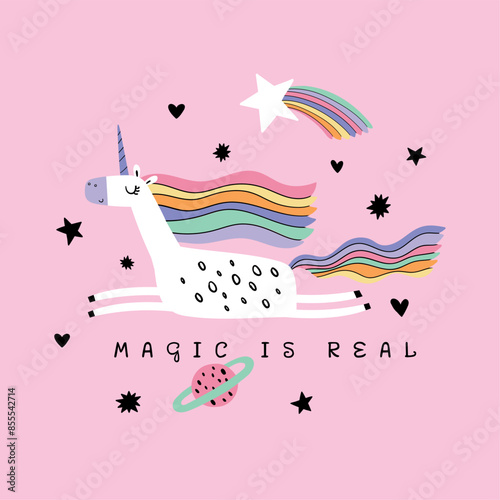 textile print design for kids fashion with cute unicorn drawing as vector