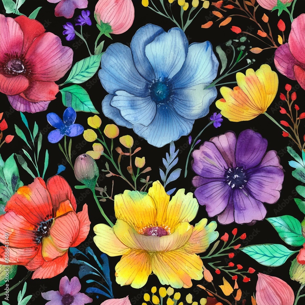 custom made wallpaper toronto digitalSeamless pattern watercolor mix flora pattern on black background