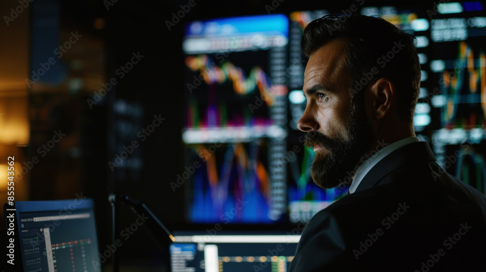portrait businessman analysis trade on big monitor portrait businessman analysis trade on big monitor