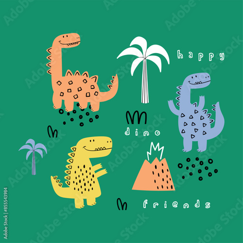 textile print design with dinosaurs drawing as vector for baby fashion
