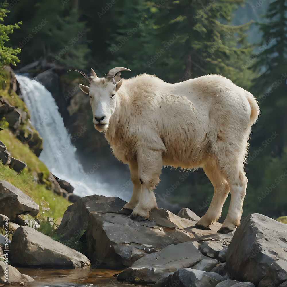 a goat standing on a rock near a waterfall a goat standing on a rock near a waterfall