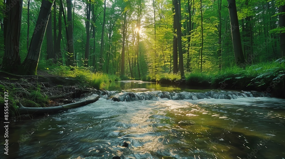 Fototapeta premium Sunbeams illuminate a tranquil stream flowing through a lush green forest.