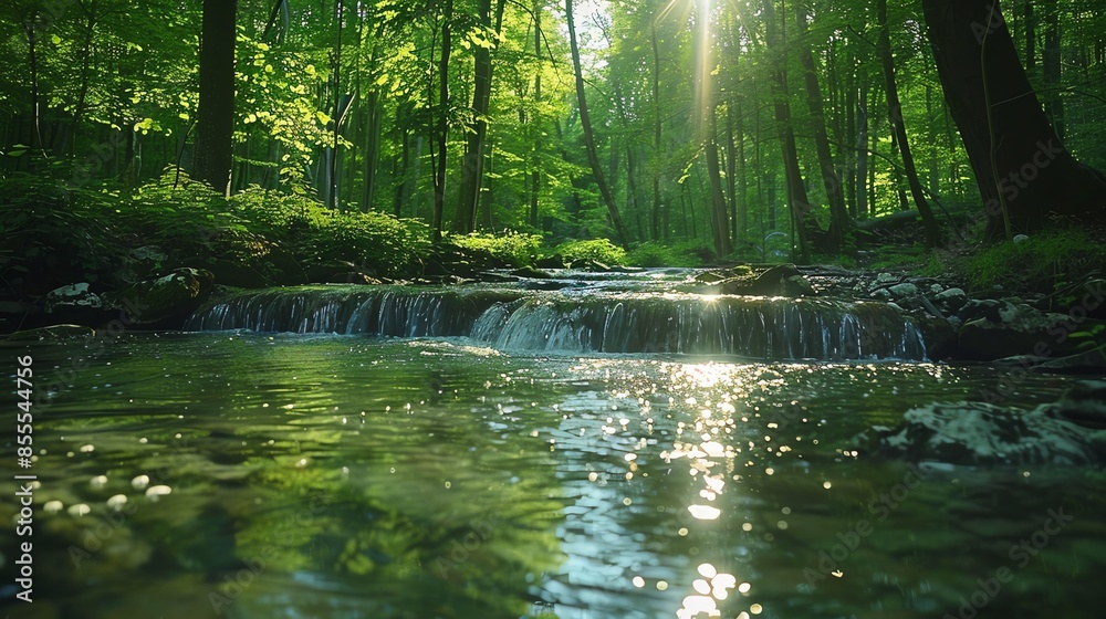Fototapeta premium Sunbeams illuminate a tranquil forest stream with cascading water.