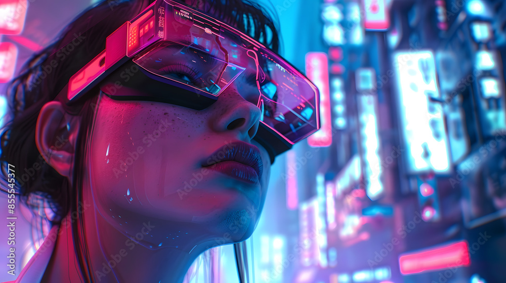Smiling woman with fashion sunglasses enjoying the cyber space city neon light .future virtual reality concept.
Smiling woman with fashion sunglasses enjoying the cyber space city neon light .future virtual reality concept.