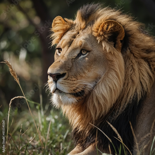 The close-up image of a lion in the jungle captures the majestic presence of the king of the jungle