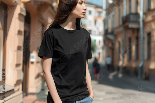 Young model wearing black t-shirt on the street in daylight for shirt mockup template design