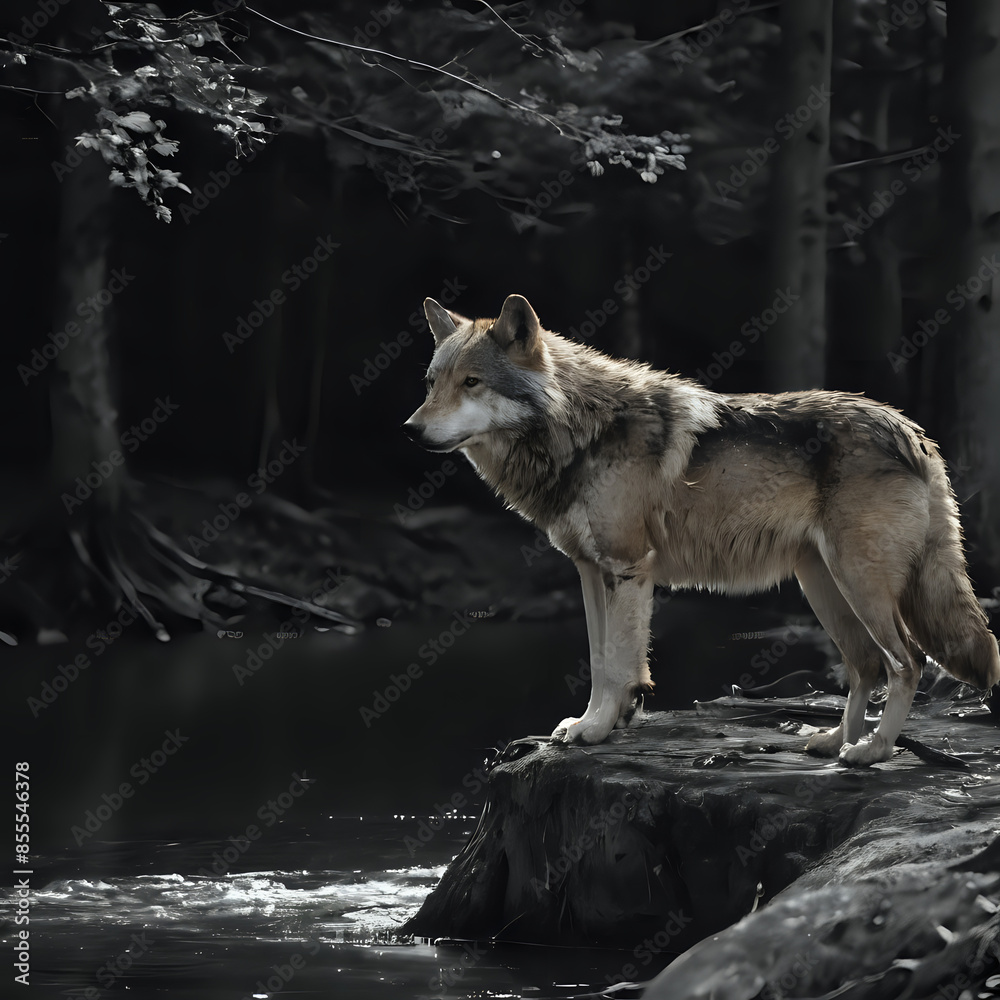 Fototapeta premium a wolf standing on a rock in the water