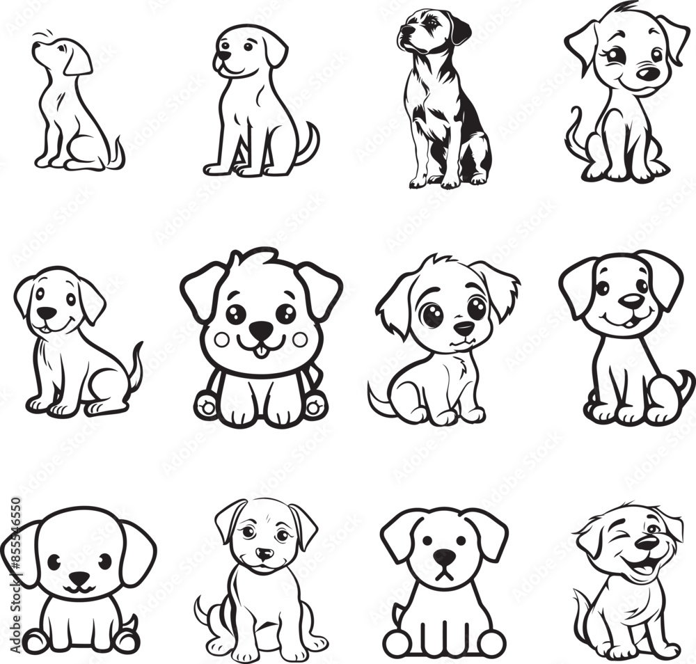 A set of cartoon dogs with black and white outline A set of cartoon dogs with black and white outline