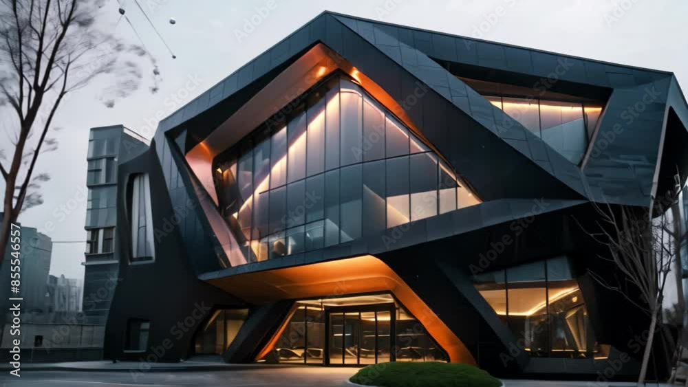 A contemporary office building featuring a prominent triangular design on its facade, An office building with a unique asymmetrical shape that challenges traditional architectural norms