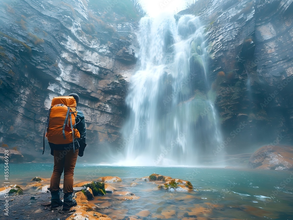 Fototapeta premium Hiker Enjoying the Majestic Waterfall Amidst Scenic Mountain Landscape