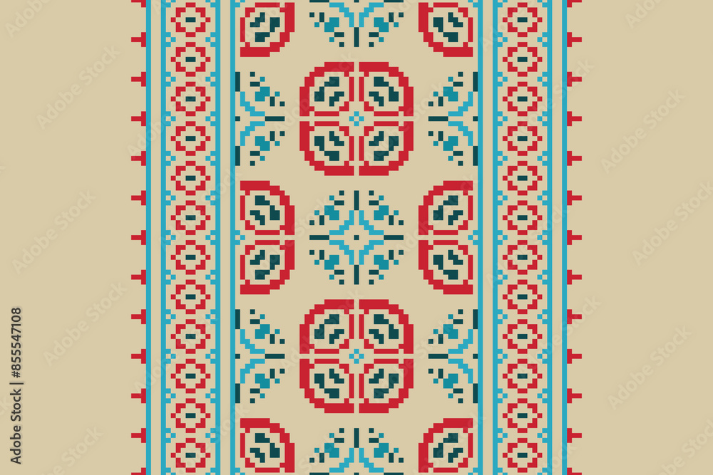 Ethnic pixel geometric seamless pattern with paisley on beige background. Native oriental cross stitch knitting design for fabric, decoration, wallpaper, border decor, element, texture, textile, print