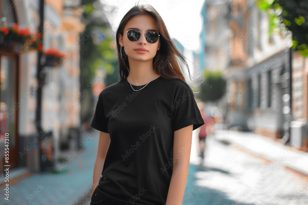 Urban chic black t-shirt on young model in street setting for mockup design template Urban chic black t-shirt on young model in street setting for mockup design template