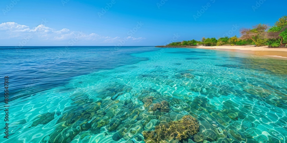 A scenic view of a tropical beach with clear turquoise waters and a distant coral reef A scenic view of a tropical beach with clear turquoise waters and a distant coral reef
