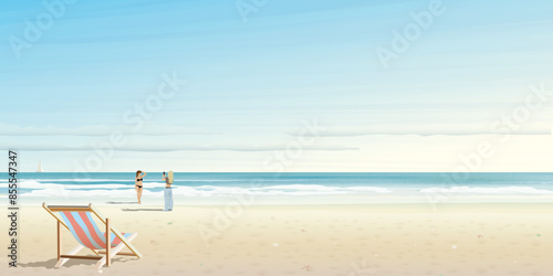 Beach with tropical blue sea and blue sky background have beach chair and far away have woman taking a picture to her friend in bikini suit graphic illustration.