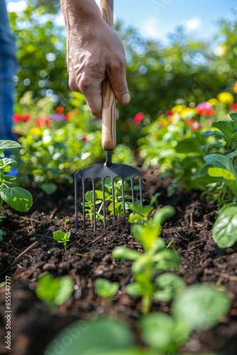 A close-up of a persons hand using a hand rake to loosen the soil in their garden bed. The garden bed is filled with green plants and brown soil. The day is sunny and bright