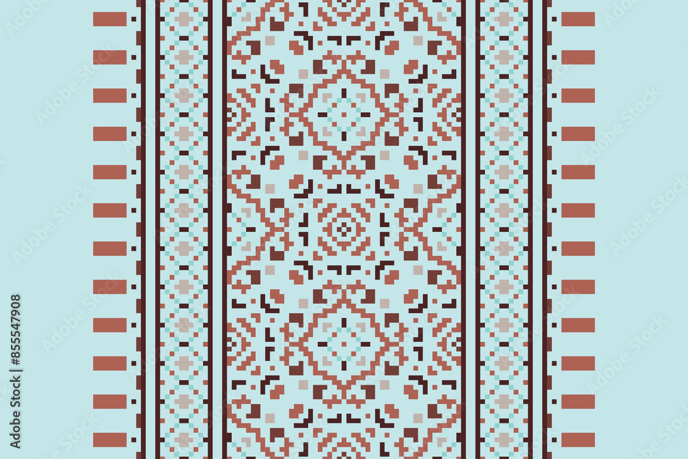 Ethnic pixel geometric seamless pattern with paisley on beige background. Native oriental cross stitch knitting design for fabric, decoration, wallpaper, border decor, element, texture, textile, print Ethnic pixel geometric seamless pattern with paisley on beige background. Native oriental cross stitch knitting design for fabric, decoration, wallpaper, border decor, element, texture, textile, print