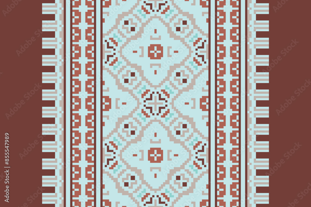 Ethnic pixel geometric seamless pattern with paisley on beige background. Native oriental cross stitch knitting design for fabric, decoration, wallpaper, border decor, element, texture, textile, print Ethnic pixel geometric seamless pattern with paisley on beige background. Native oriental cross stitch knitting design for fabric, decoration, wallpaper, border decor, element, texture, textile, print